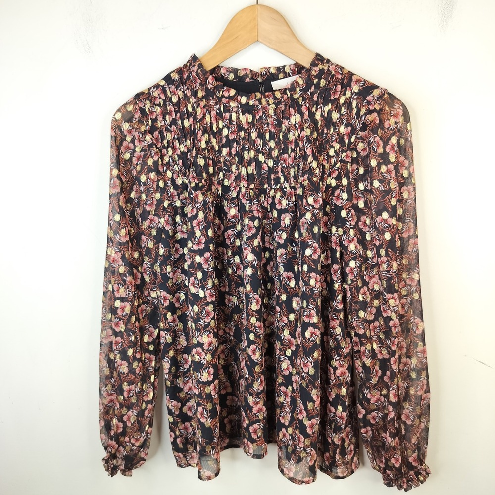 LOFT Floral Metallic Blouse Medium Petite Ruffles Mock Neck Boho Sheer